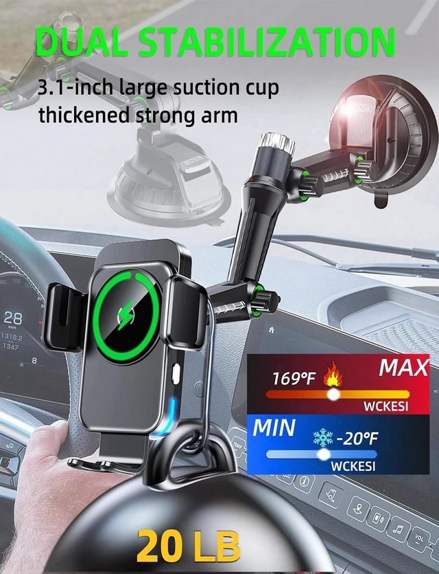 Alt view image 5 of 6 - Wireless Charger Car Phone Holder, 11" Long Arm Mount for SUV/Pickup