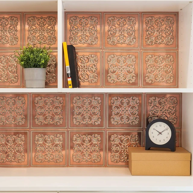 Alt view image 2 of 7 - Peel and Stick Metal Backsplash Tiles, Patina Copper, 10-Pack