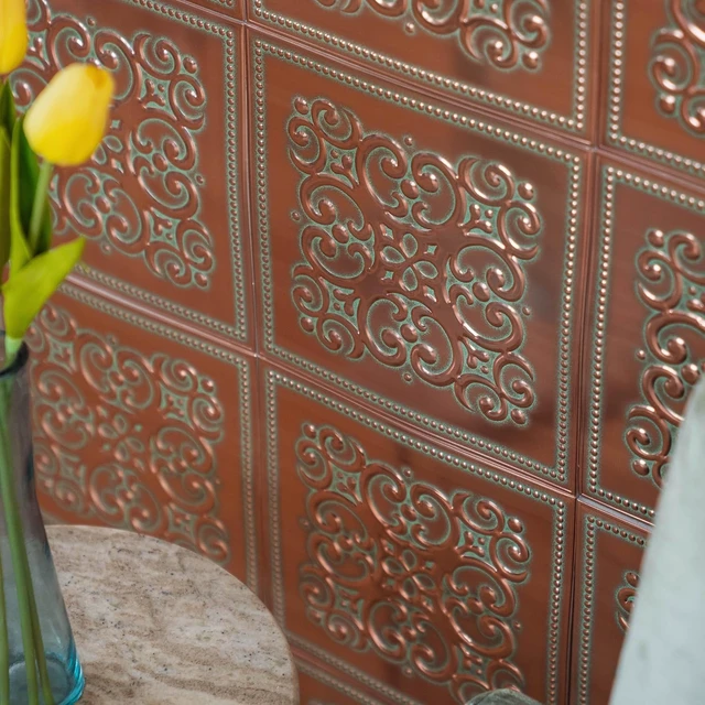 Alt view image 3 of 7 - Peel and Stick Metal Backsplash Tiles, Patina Copper, 10-Pack