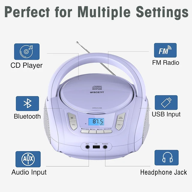 Alt view image 2 of 7 - Radio CD Player with Bluetooth,FM Radio,USB MP3 Playback,AUX-in,Headphone Jack,MP3 CDs Compatible,Portable CD Players for Home or Outdoor