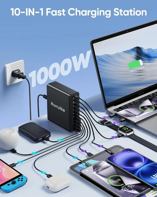 Alt view image 2 of 7 - 1000W USB C Charging Station, 120W PD GaN5 Super Fast USB C Charger Block