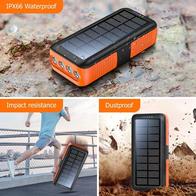 Alt view image 4 of 7 - Solar Charger Power Bank 27000mAh, Portable Charger with 4 Output & 3 Input 4 LEDs Flashlight, Hand Crank Power Bank Fast Charging Battery Pack for Outdoor Camping Survival Gear (Orange)