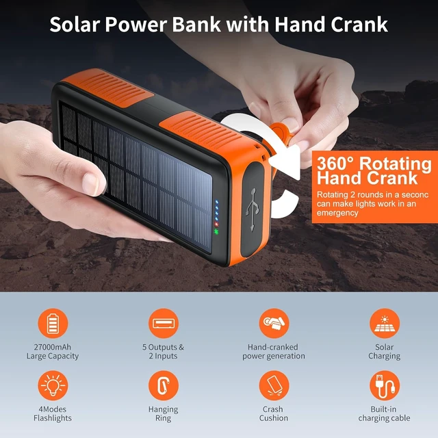 Alt view image 6 of 7 - Solar Charger Power Bank 27000mAh, Portable Charger with 4 Output & 3 Input 4 LEDs Flashlight, Hand Crank Power Bank Fast Charging Battery Pack for Outdoor Camping Survival Gear (Orange)