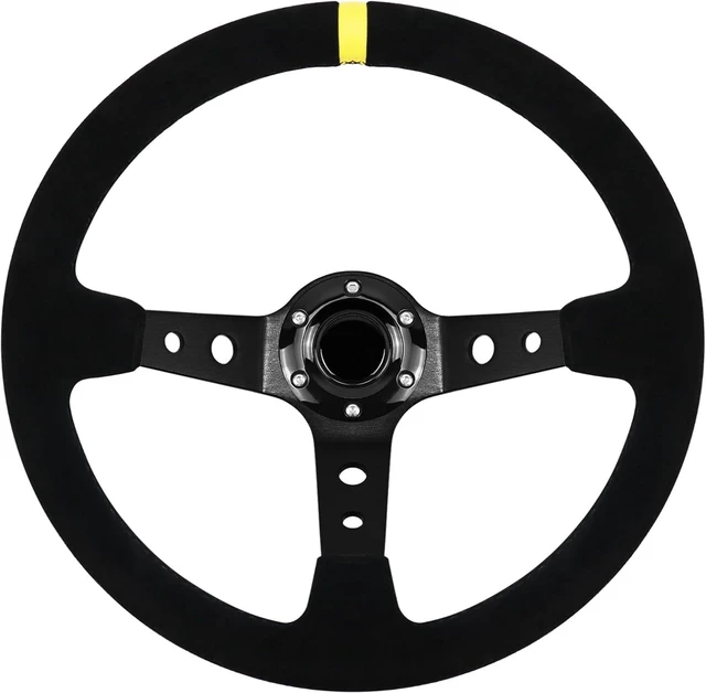 Main image of 13.6" Universal Suede Steering Wheel Deep Dish Racing Steering Wheel 6 Bolts with Horn Button for Race/Rally/Motorsport/Car Sim Driving,Yellow Positioning Line