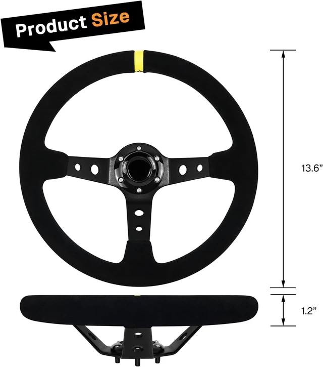 Alt view image 2 of 7 - 13.6" Universal Suede Steering Wheel Deep Dish Racing Steering Wheel 6 Bolts with Horn Button for Race/Rally/Motorsport/Car Sim Driving,Yellow Positioning Line