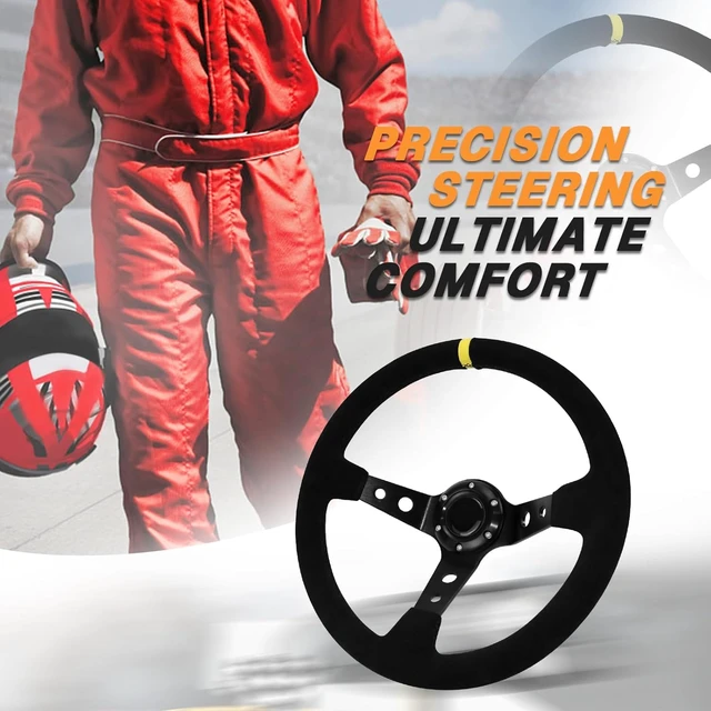 Alt view image 4 of 7 - 13.6" Universal Suede Steering Wheel Deep Dish Racing Steering Wheel 6 Bolts with Horn Button for Race/Rally/Motorsport/Car Sim Driving,Yellow Positioning Line