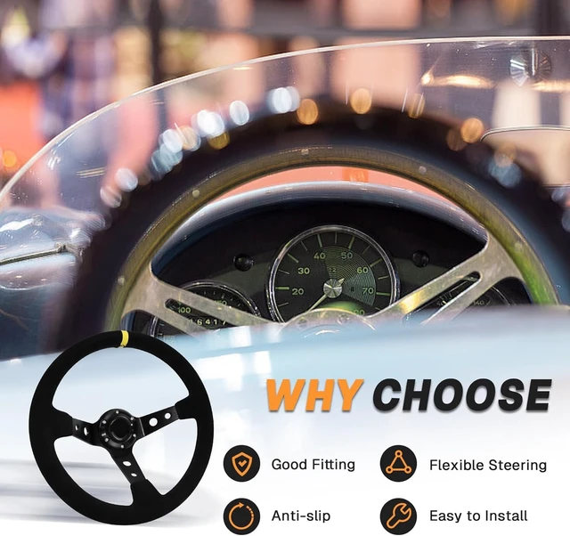 Alt view image 6 of 7 - 13.6" Universal Suede Steering Wheel Deep Dish Racing Steering Wheel 6 Bolts with Horn Button for Race/Rally/Motorsport/Car Sim Driving,Yellow Positioning Line