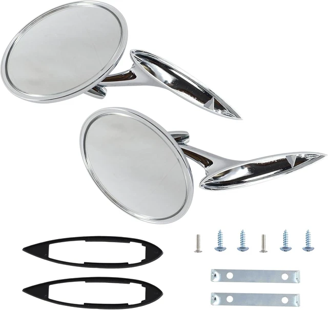 Alt view image 2 of 7 - Round Bowtie Outside Rearview Mirrors Ribbed Base Compatible With 1963 1964 1965 Bel Air Biscayne Impala Corvair Chevelle El Camino Nova