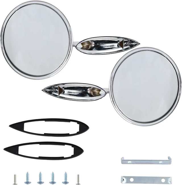 Alt view image 3 of 7 - Round Bowtie Outside Rearview Mirrors Ribbed Base Compatible With 1963 1964 1965 Bel Air Biscayne Impala Corvair Chevelle El Camino Nova