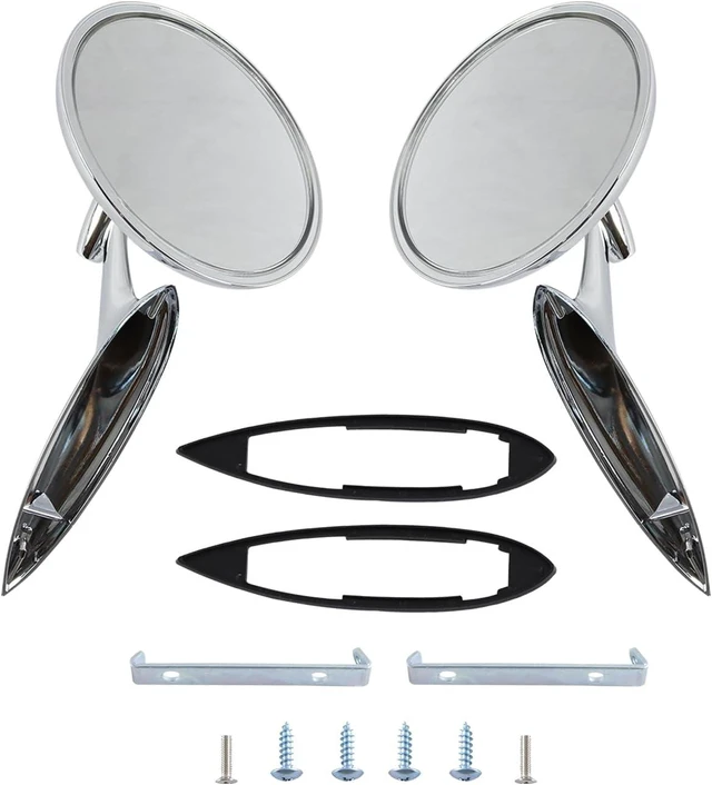 Alt view image 4 of 7 - Round Bowtie Outside Rearview Mirrors Ribbed Base Compatible With 1963 1964 1965 Bel Air Biscayne Impala Corvair Chevelle El Camino Nova