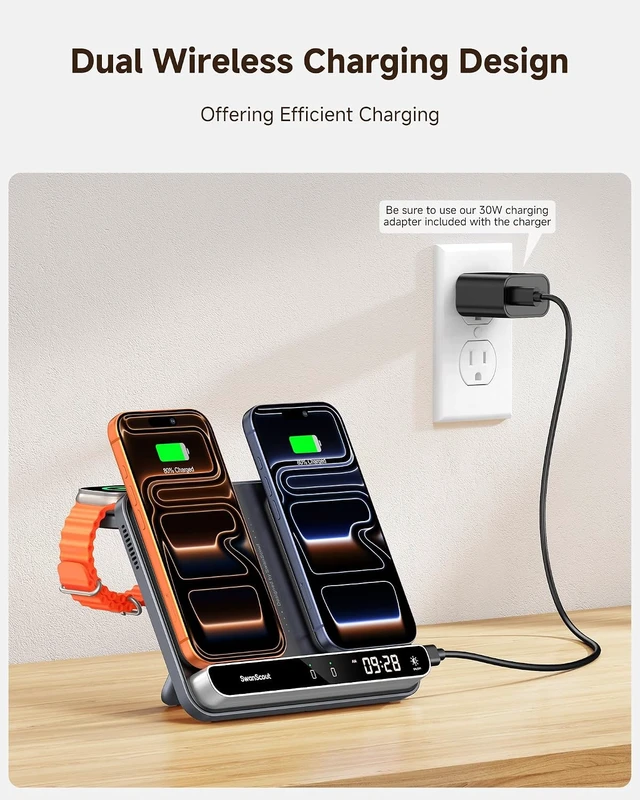 Alt view image 2 of 7 - Dual Phone Charger, Wireless Charger for iPhone 18 Pro/18 Pro Max, 17/16/15/14/13/12 Series (Not for iPhone Duo), for Watch 11/10/9/8/7/Ultra 3/SE 3, 710A