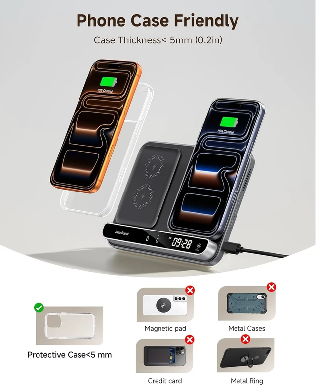 Alt view image 4 of 7 - Dual Phone Charger, Wireless Charger for iPhone 18 Pro/18 Pro Max, 17/16/15/14/13/12 Series (Not for iPhone Duo), for Watch 11/10/9/8/7/Ultra 3/SE 3, 710A