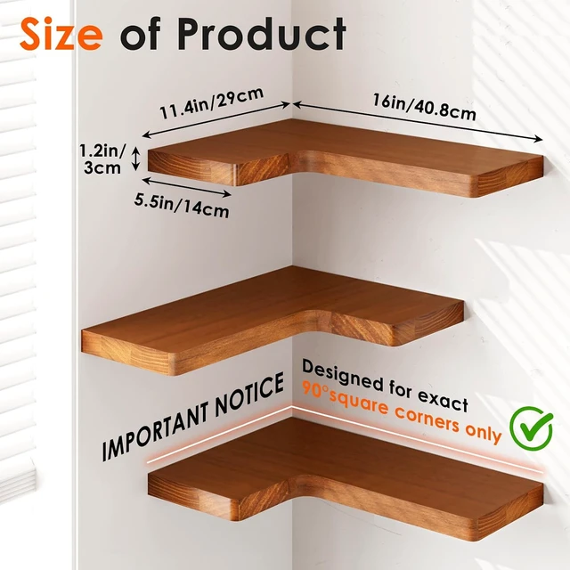 Alt view image 2 of 7 - Corner Floating Shelves for Wall Mounted Natural Solid Wood 16"x11.4" Farmhouse Home Decor Display Shelving Set of 3 (Rustic Brown)