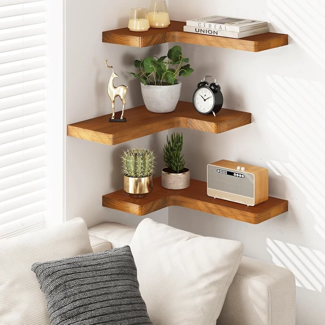 Alt view image 5 of 7 - Corner Floating Shelves for Wall Mounted Natural Solid Wood 16"x11.4" Farmhouse Home Decor Display Shelving Set of 3 (Rustic Brown)