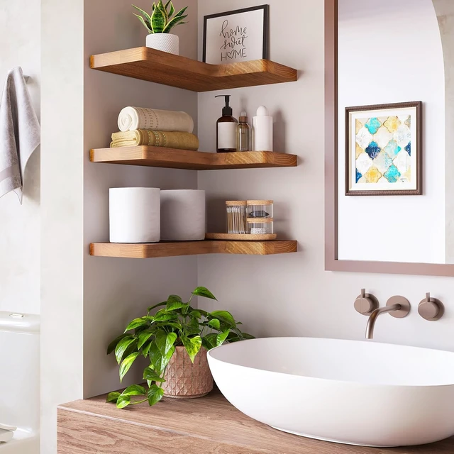 Alt view image 7 of 7 - Corner Floating Shelves for Wall Mounted Natural Solid Wood 16"x11.4" Farmhouse Home Decor Display Shelving Set of 3 (Rustic Brown)