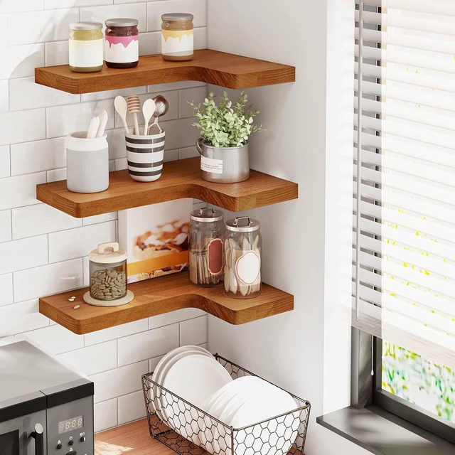 Alt view image 6 of 7 - Corner Floating Shelves for Wall Mounted Natural Solid Wood 16"x11.4" Farmhouse Home Decor Display Shelving Set of 3 (Rustic Brown)
