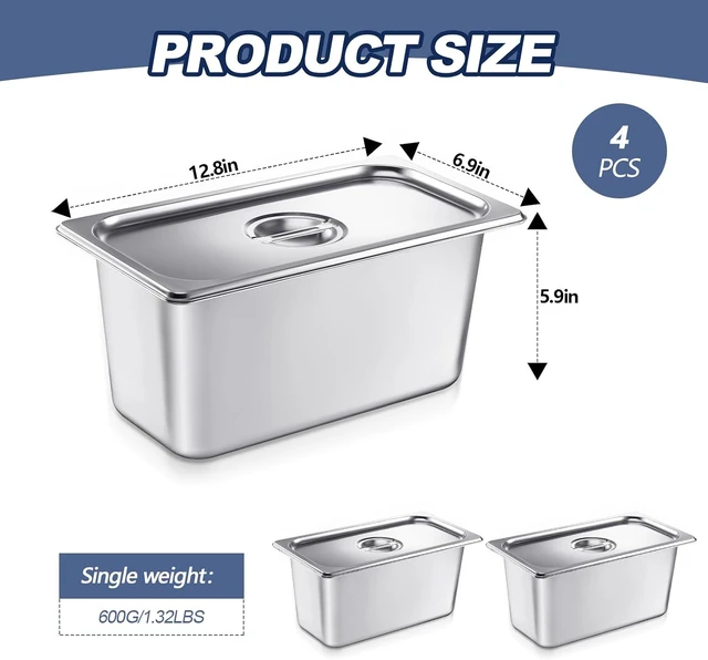 Alt view image 2 of 6 - 4 Pack Stainless 1/3 Size x 6 Inch Deep Steam Table Pans with Lids