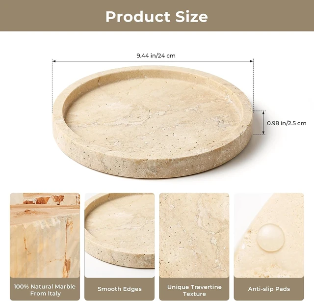 Alt view image 3 of 7 - Natural Marble Vanity Tray for Bathroom Kitchen Dresser, Travertine Stone Decorative Trays for Jewelry, Perfume, Cosmetic, Candle, Round Countertop Storage Organizer for Home Decor Beige (WH019)