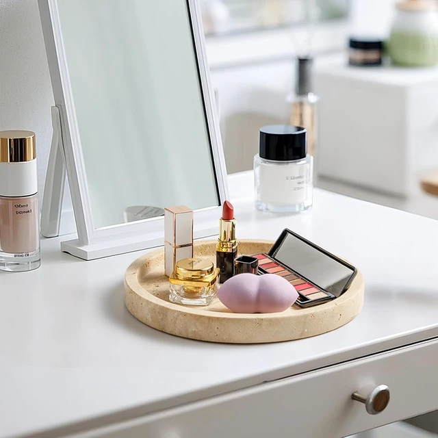 Alt view image 5 of 7 - Natural Marble Vanity Tray for Bathroom Kitchen Dresser, Travertine Stone Decorative Trays for Jewelry, Perfume, Cosmetic, Candle, Round Countertop Storage Organizer for Home Decor Beige (WH019)