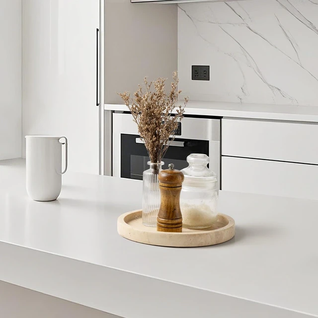 Alt view image 4 of 7 - Natural Marble Vanity Tray for Bathroom Kitchen Dresser, Travertine Stone Decorative Trays for Jewelry, Perfume, Cosmetic, Candle, Round Countertop Storage Organizer for Home Decor Beige (WH019)