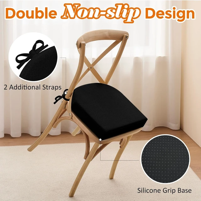 Alt view image 4 of 7 - Chair Cushions for Dining Chairs, Memory Foam Linen Kitchen Chair Pads with Ties, Waterproof, Stain-Resistant and Washable Cover, 17" x 16" x 2.5", Black, 4 Pack