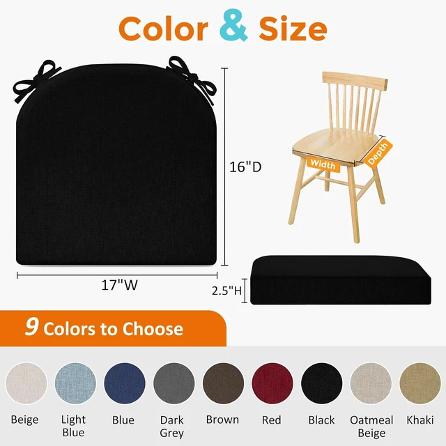 Alt view image 6 of 7 - Chair Cushions for Dining Chairs, Memory Foam Linen Kitchen Chair Pads with Ties, Waterproof, Stain-Resistant and Washable Cover, 17" x 16" x 2.5", Black, 4 Pack