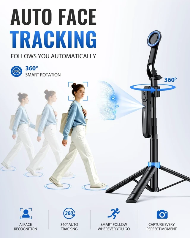 Alt view image 2 of 7 - 72 Auto Face Tracking Tripod for iPhone, MagSafe Selfie Stick with Remote, 360° Magnetic Phone Stand with Gesture Control for TikTok, Live Stream & Vlogging
