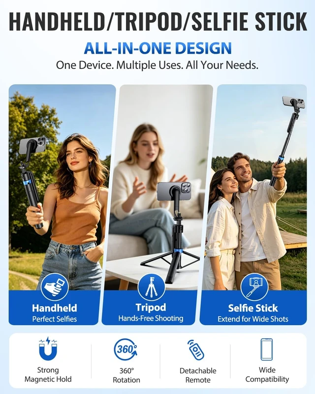 Alt view image 4 of 7 - 72 Auto Face Tracking Tripod for iPhone, MagSafe Selfie Stick with Remote, 360° Magnetic Phone Stand with Gesture Control for TikTok, Live Stream & Vlogging