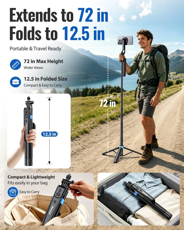Alt view image 7 of 7 - 72 Auto Face Tracking Tripod for iPhone, MagSafe Selfie Stick with Remote, 360° Magnetic Phone Stand with Gesture Control for TikTok, Live Stream & Vlogging