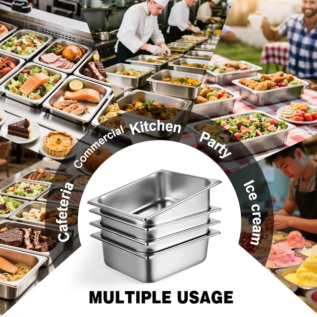 Alt view image 6 of 7 - 4 Pack 1/2 Half Size Hotel Pan with Lids, 4'' Deep Steam Table Pan with Lid, 12.8''L x 10.4''W Stainless Steel Commercial Food Pans for Home, Party, Hotel, Buffet