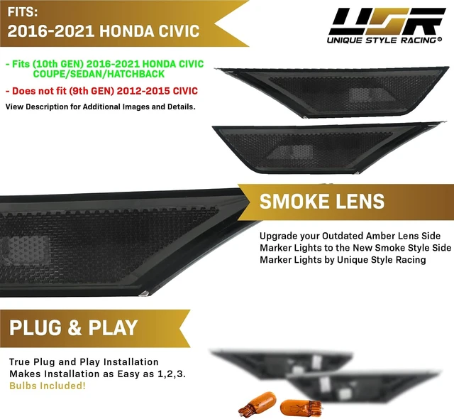Alt view image 3 of 7 - REVi MotorWerks DEPO Smoke Lens Front Bumper Side Marker Light Set + Amber Bulbs Included Compatible with 2016-2021 10th Gen Honda Civic 2D/4D/5D