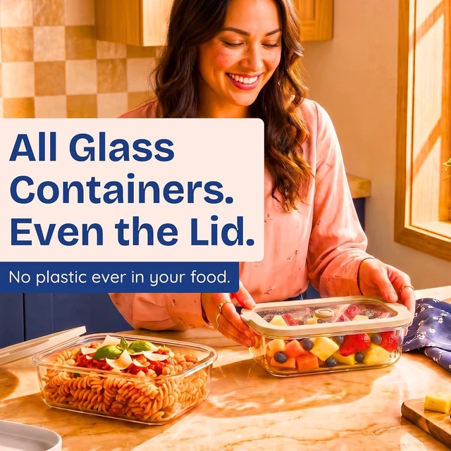 Alt view image 2 of 7 - Non-Toxic Glass Food Containers with Lids, 4-Pack, 35 oz, Airtight, Beige