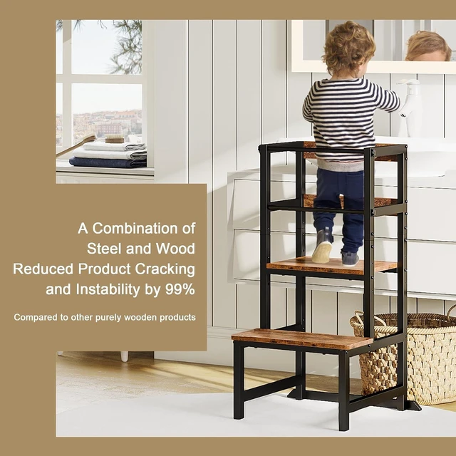 Alt view image 3 of 7 - Kitchen Step Stool for Toddlers, Height Adjustable Toddler Tower with Safety Rail, Steel and Wood Toddler Kitchen Stool Helper Kids, Stool for Kids, Learning Tower, Kids' Desk Brown
