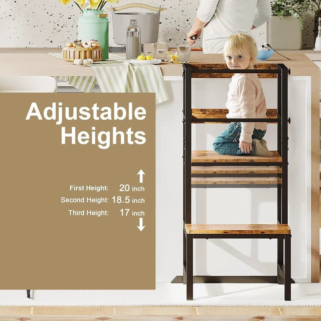 Alt view image 4 of 7 - Kitchen Step Stool for Toddlers, Height Adjustable Toddler Tower with Safety Rail, Steel and Wood Toddler Kitchen Stool Helper Kids, Stool for Kids, Learning Tower, Kids' Desk Brown