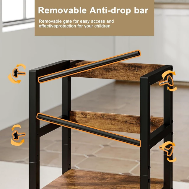 Alt view image 5 of 7 - Kitchen Step Stool for Toddlers, Height Adjustable Toddler Tower with Safety Rail, Steel and Wood Toddler Kitchen Stool Helper Kids, Stool for Kids, Learning Tower, Kids' Desk Brown