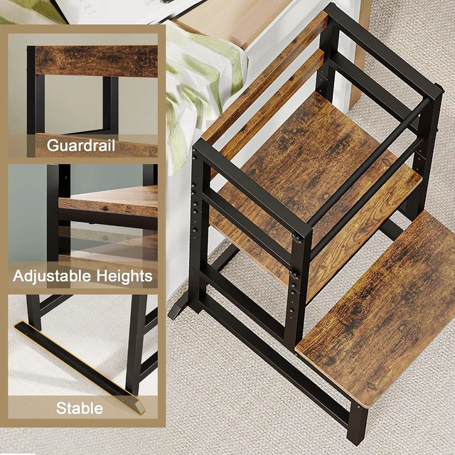 Alt view image 6 of 7 - Kitchen Step Stool for Toddlers, Height Adjustable Toddler Tower with Safety Rail, Steel and Wood Toddler Kitchen Stool Helper Kids, Stool for Kids, Learning Tower, Kids' Desk Brown