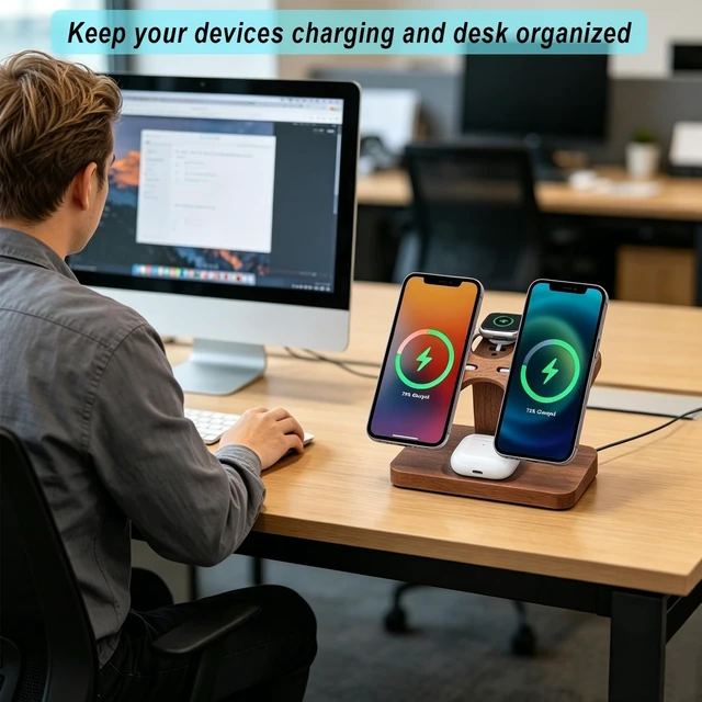 Alt view image 5 of 7 - Wood Dual Phone Charging Station Compatible with Magsafe Charger