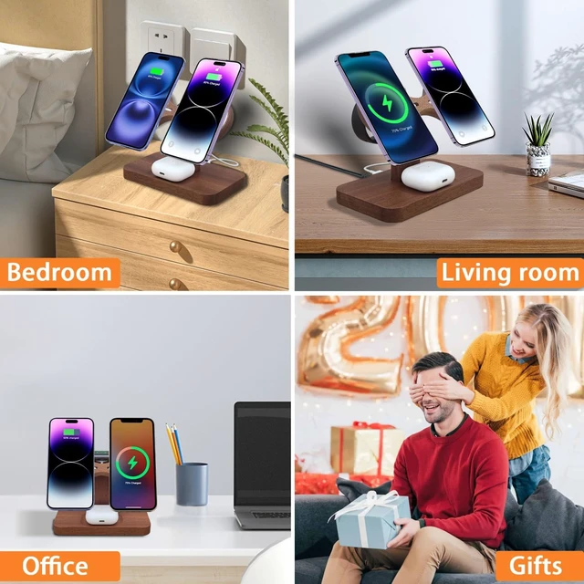 Alt view image 7 of 7 - Wood Dual Phone Charging Station Compatible with Magsafe Charger