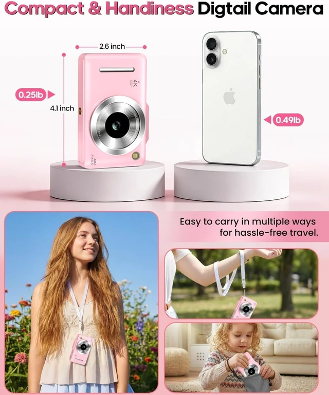 Alt view image 2 of 7 - Digital Camera 4K for Kids-48MP Autofocus Vlogging Camera with 32GB Card, 16X Zoom, Anti-Shake, Compact Point and Shoot Camera for Teens Beginners, Birthday Gift Pink