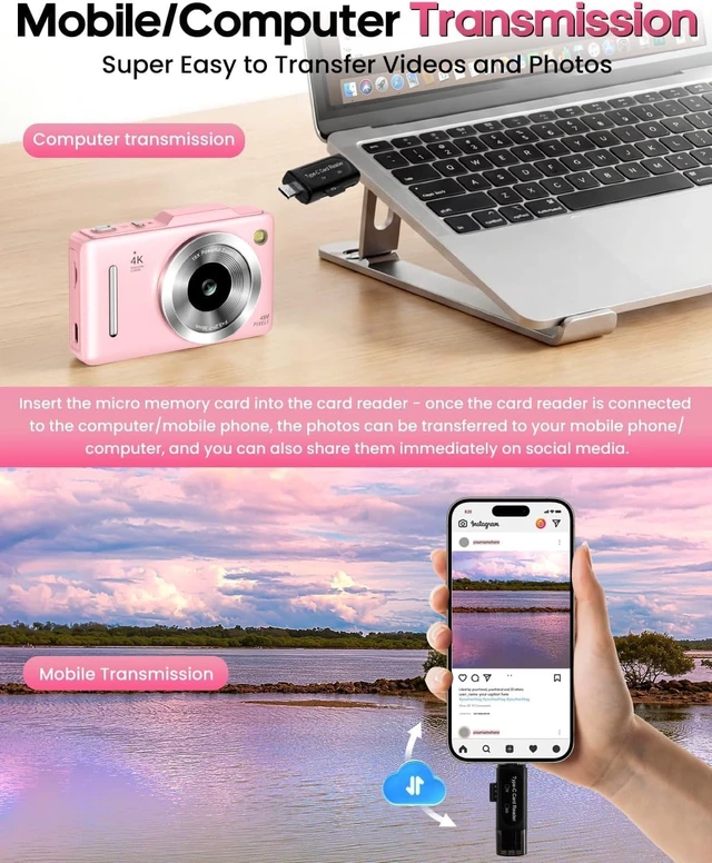 Alt view image 3 of 7 - Digital Camera 4K for Kids-48MP Autofocus Vlogging Camera with 32GB Card, 16X Zoom, Anti-Shake, Compact Point and Shoot Camera for Teens Beginners, Birthday Gift Pink