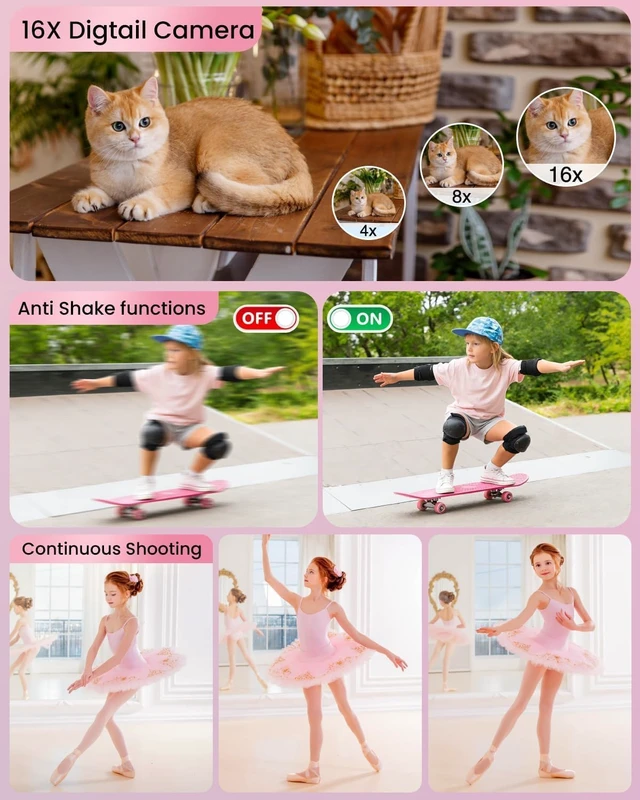 Alt view image 4 of 7 - Digital Camera 4K for Kids-48MP Autofocus Vlogging Camera with 32GB Card, 16X Zoom, Anti-Shake, Compact Point and Shoot Camera for Teens Beginners, Birthday Gift Pink