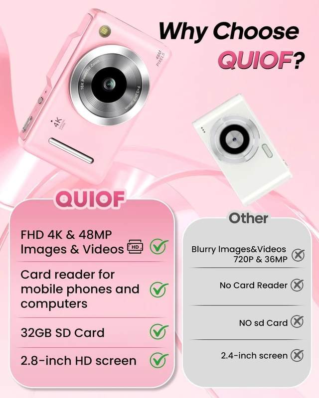 Alt view image 6 of 7 - Digital Camera 4K for Kids-48MP Autofocus Vlogging Camera with 32GB Card, 16X Zoom, Anti-Shake, Compact Point and Shoot Camera for Teens Beginners, Birthday Gift Pink