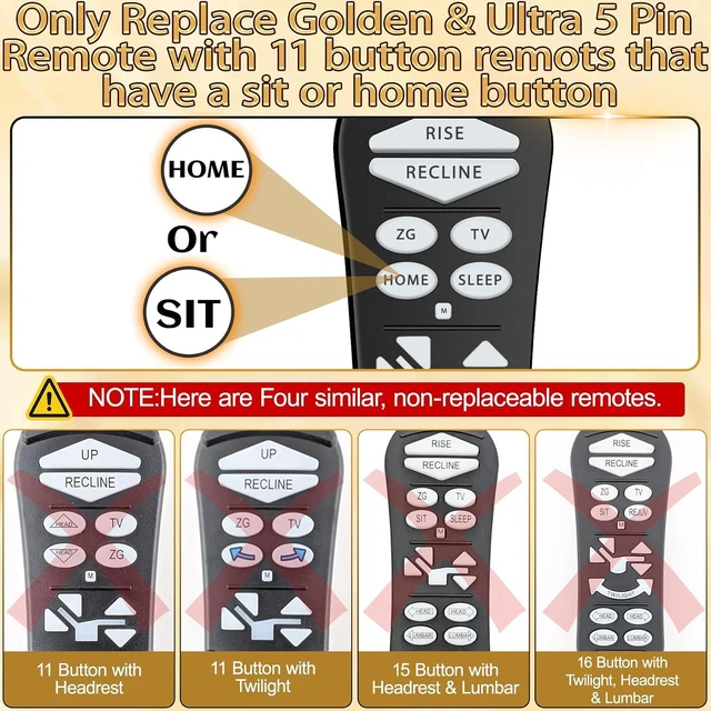 Alt view image 2 of 7 - ZKAD-5 5 Pin Lift Chair Remote Only Fit for 2 Motors Golden and Ultra Comfort Chairs with 11 Button(Include SIT or Home, Not Twilight) Remote, Recliner Hand Control Part 5-Years Free Replacement