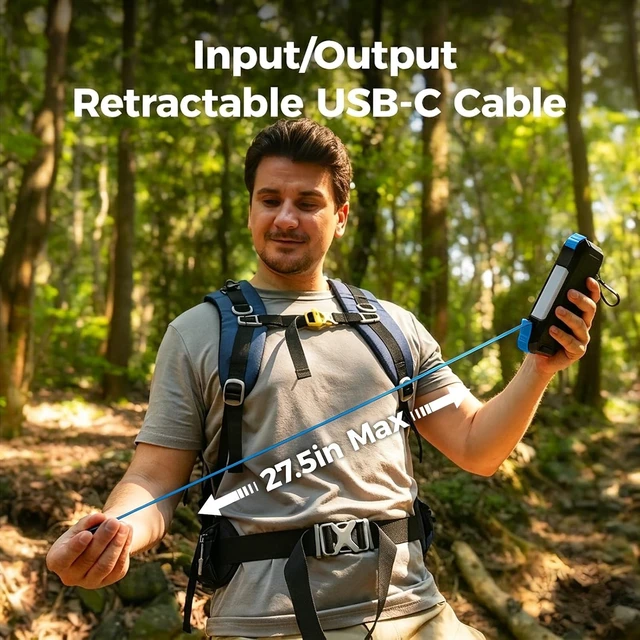 Alt view image 2 of 7 - Solar Power Bank Built-in Retractable Cable 20000mAh