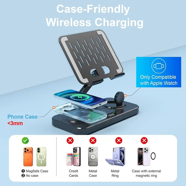 Alt view image 3 of 7 - Magnetic Charging Station for Multiple Devices, Wireless Charger with Clock & Light, Foldable Wired Charging Stand for iPad/Tab, Mag-Safe Charger for iPhone 17, for Watch for AirPods