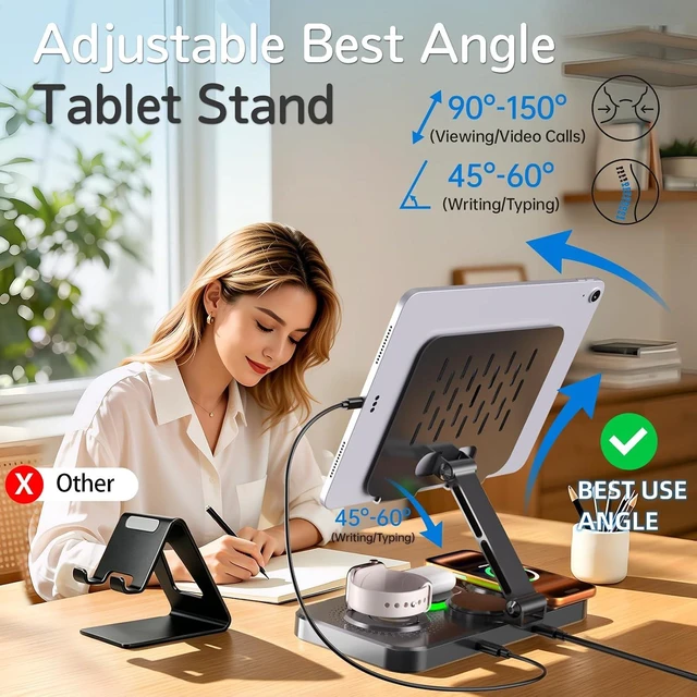 Alt view image 4 of 7 - Magnetic Charging Station for Multiple Devices, Wireless Charger with Clock & Light, Foldable Wired Charging Stand for iPad/Tab, Mag-Safe Charger for iPhone 17, for Watch for AirPods