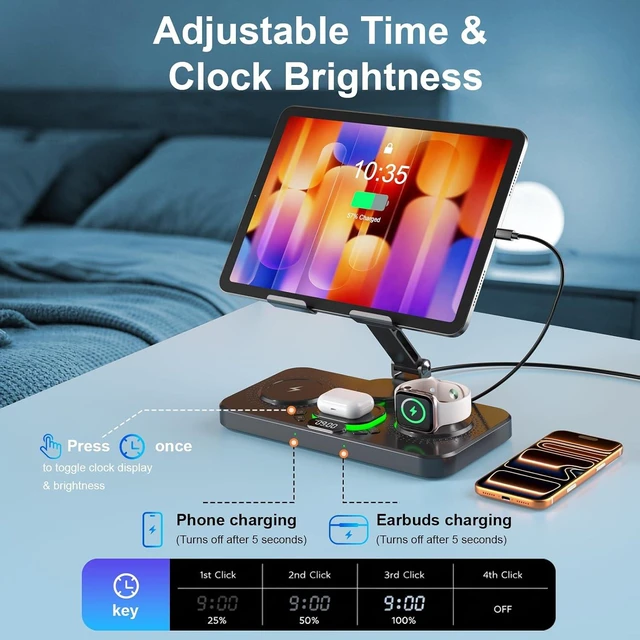 Alt view image 7 of 7 - Magnetic Charging Station for Multiple Devices, Wireless Charger with Clock & Light, Foldable Wired Charging Stand for iPad/Tab, Mag-Safe Charger for iPhone 17, for Watch for AirPods
