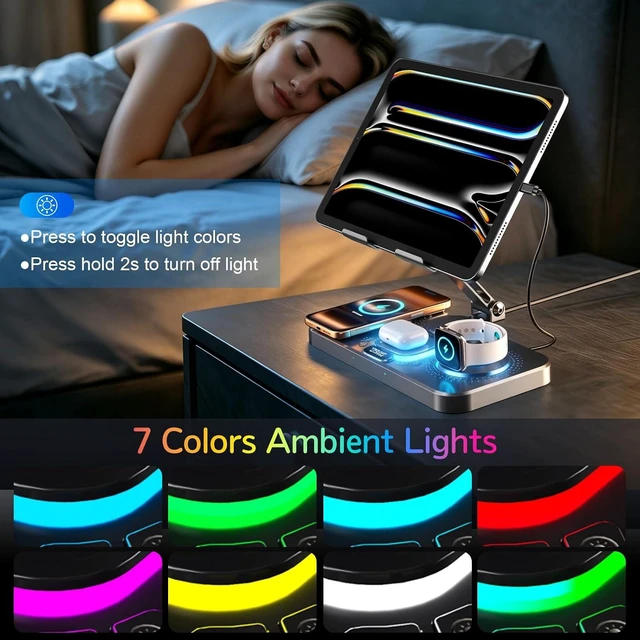 Alt view image 6 of 7 - Magnetic Charging Station for Multiple Devices, Wireless Charger with Clock & Light, Foldable Wired Charging Stand for iPad/Tab, Mag-Safe Charger for iPhone 17, for Watch for AirPods
