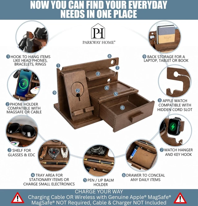Alt view image 2 of 7 - Wood Phone Docking Station with Drawer, Compatible with Watch - Wood Charging Station Organizer Stand, Bedside Nightstand Organizer for Men, Holds Phone, Tablet, Keys, Glasses, EDC