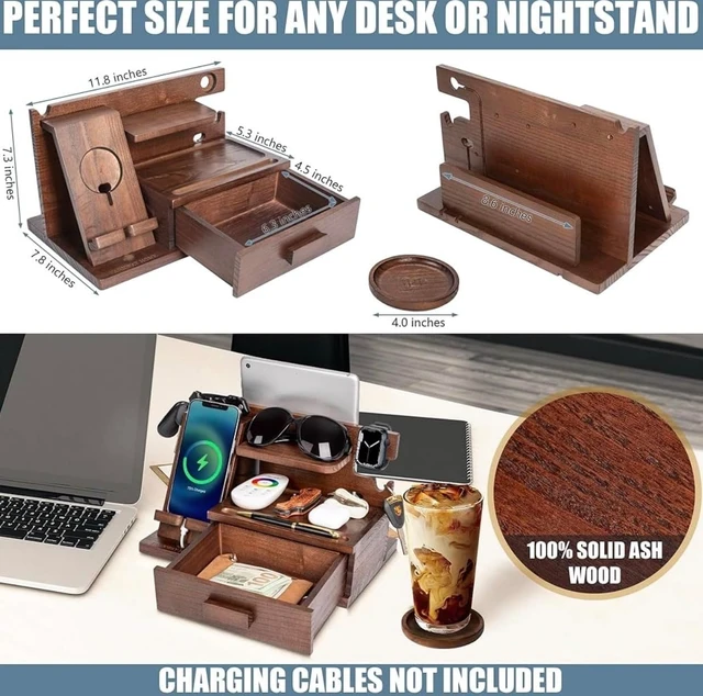 Alt view image 4 of 7 - Wood Phone Docking Station with Drawer, Compatible with Watch - Wood Charging Station Organizer Stand, Bedside Nightstand Organizer for Men, Holds Phone, Tablet, Keys, Glasses, EDC